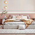 Elegant Modern Bedroom With Padded Headboard Pillows Throw Blanket And Geometric Rug
