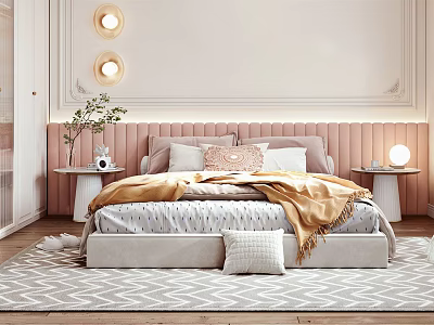 Elegant Modern Bedroom With Padded Headboard Pillows Throw Blanket And Geometric Rug 3d model