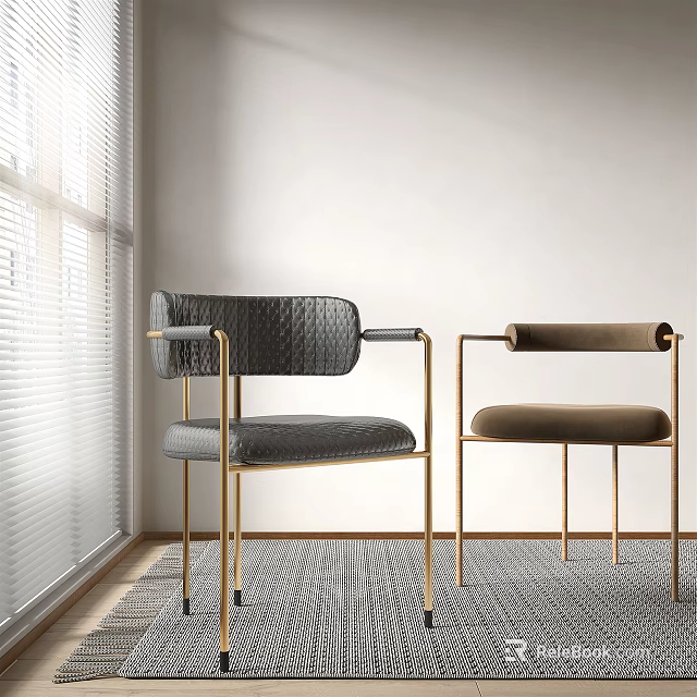 Gray And Brown Dining Chairs With Gold Frame In Interior With Window Blinds 3d model