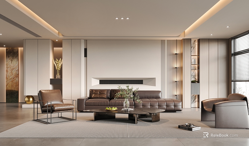 Elegant Modern Luxury Living Room Interior With Leather Sofa Coffee Table And Decorative Plants 3d model 