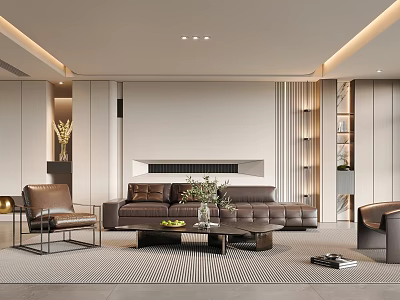 Elegant Modern Luxury Living Room Interior With Leather Sofa Coffee Table And Decorative Plants 3d model