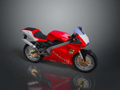 Red Sports Motorcycle With Black Seat White Accents And Gold Wheels Design 3d model
