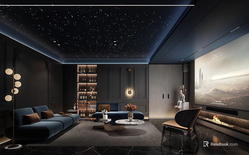 Luxurious Home Theater Interior With Starry Sky Ceiling Dark Walls Blue Sofas And Large Screen 3d model 