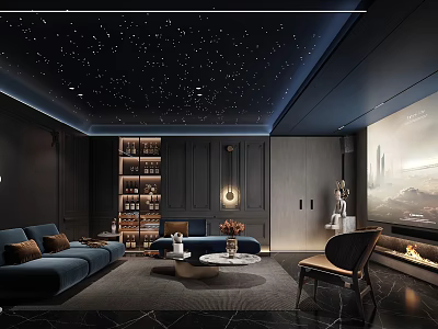 Luxurious Home Theater Interior With Starry Sky Ceiling Dark Walls Blue Sofas And Large Screen 3d model