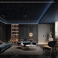 Luxurious Home Theater Interior With Starry Sky Ceiling Dark Walls Blue Sofas And Large Screen