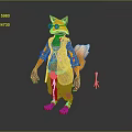 Detailed Anthropomorphic Fox Game Movie Character In Blue Outfit With Orange Tail And Gloves
