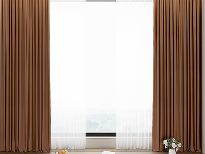 Elegant Brown Curtains With White Sheer Panels For Window Interior Decor 3d model
