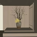 Ceramic Vase With Yellow Flowers And Twigs On Wooden Sill By Shoji Window Natural Light