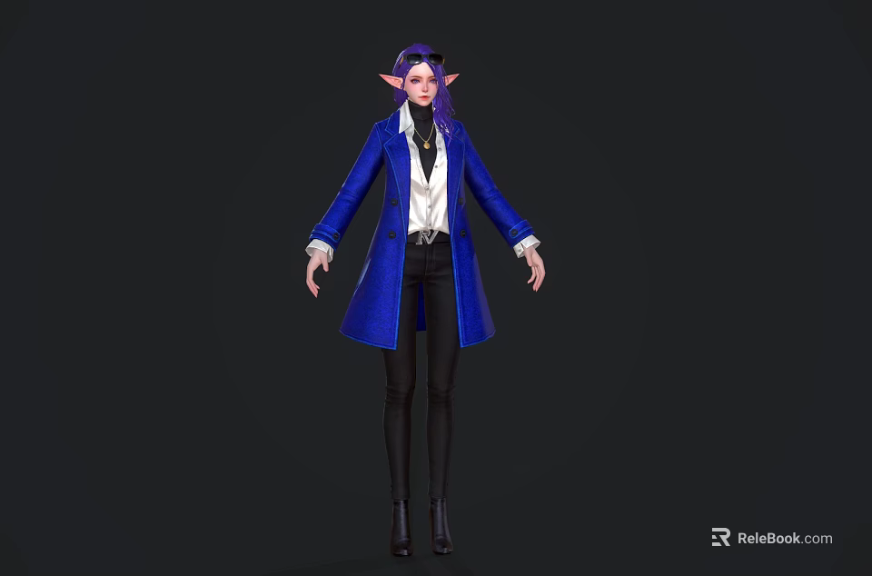Game Movie Character With Purple Hair Pointed Ears Blue Coat White Shirt Black Tie Goggles 3d model 