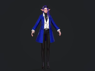 Game Movie Character With Purple Hair Pointed Ears Blue Coat White Shirt Black Tie Goggles 3d model