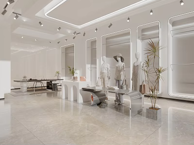 Modern Clothing Store Interior with Mannequins Display Areas and Indoor Plants 3d model