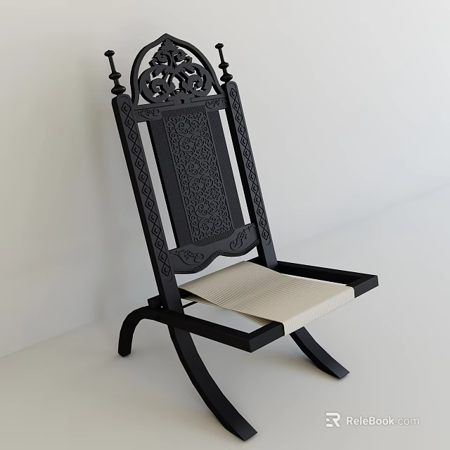 Black Wooden Leisure Chair With Intricate Carved Design And Light Colored Cushion 3d model 