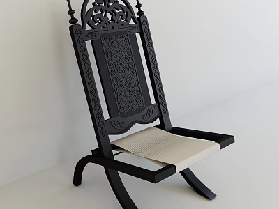 Black Wooden Leisure Chair With Intricate Carved Design And Light Colored Cushion 3d model