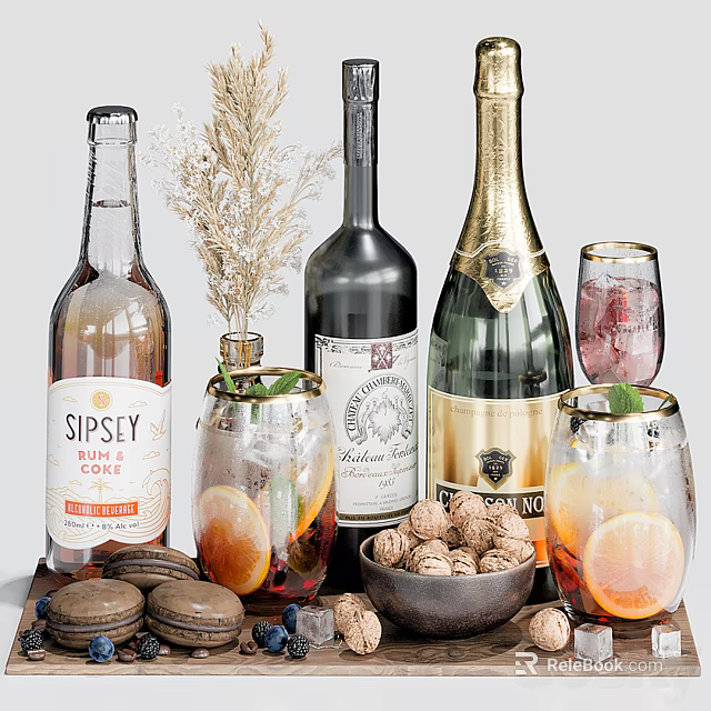Wine Bottles And Glasses With Rose Red Wine Champagne Orange Slices Walnuts And Dried Flowers 3d model 