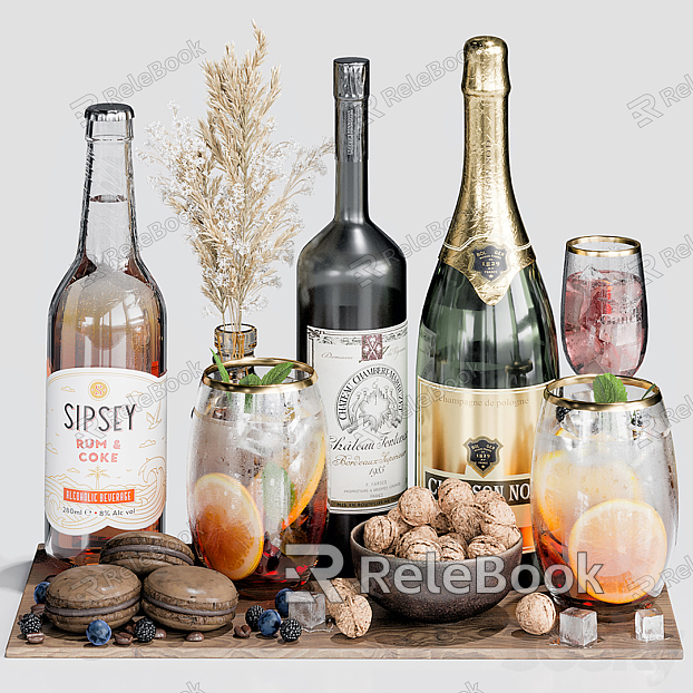 Modern wine bottle wine glass food model