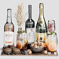 Wine Bottles And Glasses With Rose Red Wine Champagne Orange Slices Walnuts And Dried Flowers