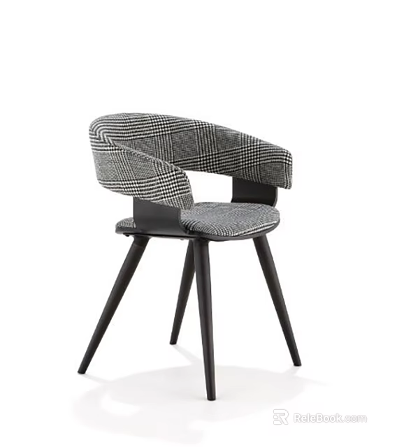 Modern Upholstered Dining Chair With Plaid Pattern Black Wooden Legs And Armrests For Home Use 3d model 
