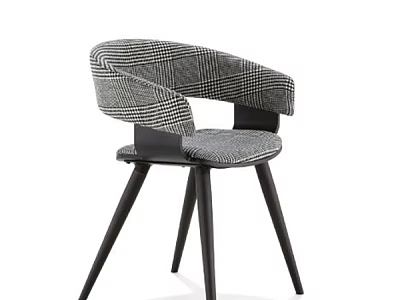 Modern Upholstered Dining Chair With Plaid Pattern Black Wooden Legs And Armrests For Home Use 3d model