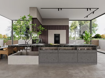 Modern Kitchen Interior Design Featuring Island Counter Gray Cabinets And Large Windows 3d model