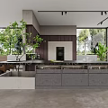 Modern Kitchen Interior Design Featuring Island Counter Gray Cabinets And Large Windows 3d model