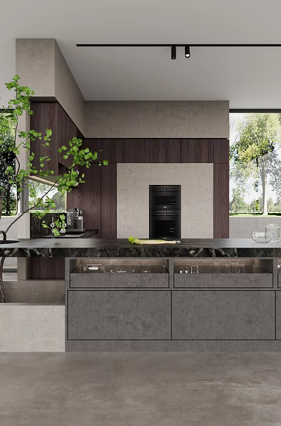 Modern Kitchen Interior Design Featuring Island Counter Gray Cabinets And Large Windows 3d model