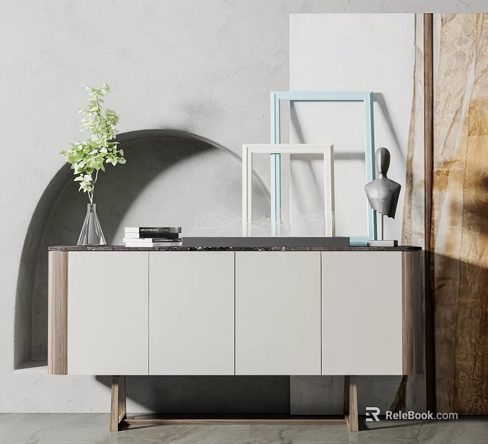 Modern Entryway Cabinet Sideboard With Marble Top Light Grey Finish And Decorative Vase Frame 3d model 