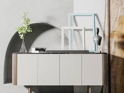 Modern Entryway Cabinet Sideboard With Marble Top Light Grey Finish And Decorative Vase Frame 3d model