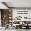 Elegant Traditional Chinese Living Room Interior With Mountain Landscape Wall And Hanging Chandeliers