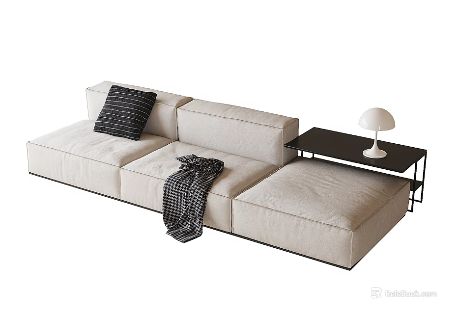 Modern Beige Three-Seater Sofa With Black Pillow Throw Blanket And Side Table Lamp 3d model 
