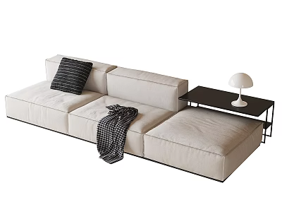 Modern Beige Three-Seater Sofa With Black Pillow Throw Blanket And Side Table Lamp 3d model
