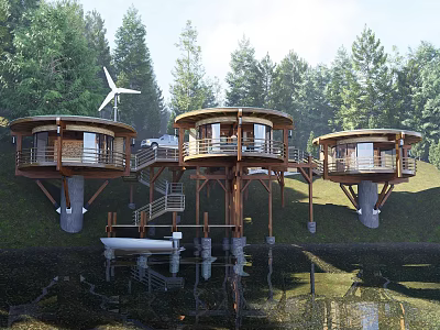 Circular Wooden Cabins on Waterfront Surrounded by Forest and Wind Turbine 3d model