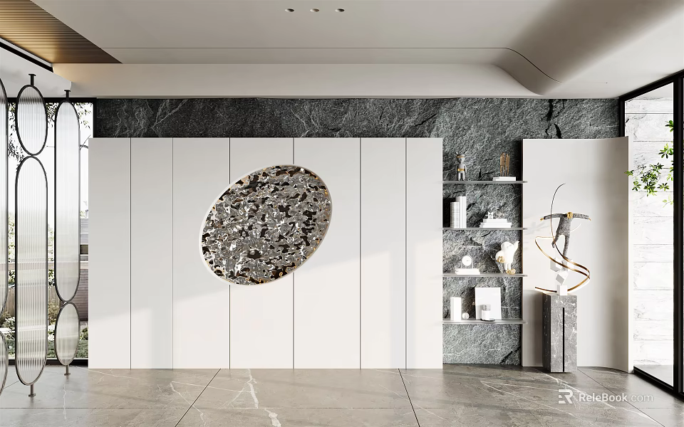 Modern Luxury Sofa Background Wall with Marble Texture Circular Painting White Cabinets and Metal Accents 3d model 