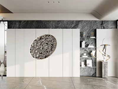 Modern Luxury Sofa Background Wall with Marble Texture Circular Painting White Cabinets and Metal Accents 3d model