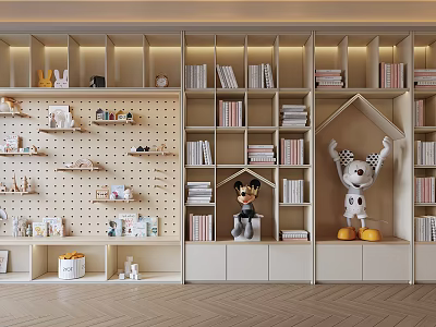 Beige Bookcase Featuring Multiple Shelves Books Storage Boxes Dolls Pegboard And Lighting 3d model