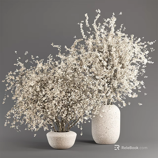 Fluffy White Blossoms In Textured Ceramic Vases For Elegant Home Decor 3d model 