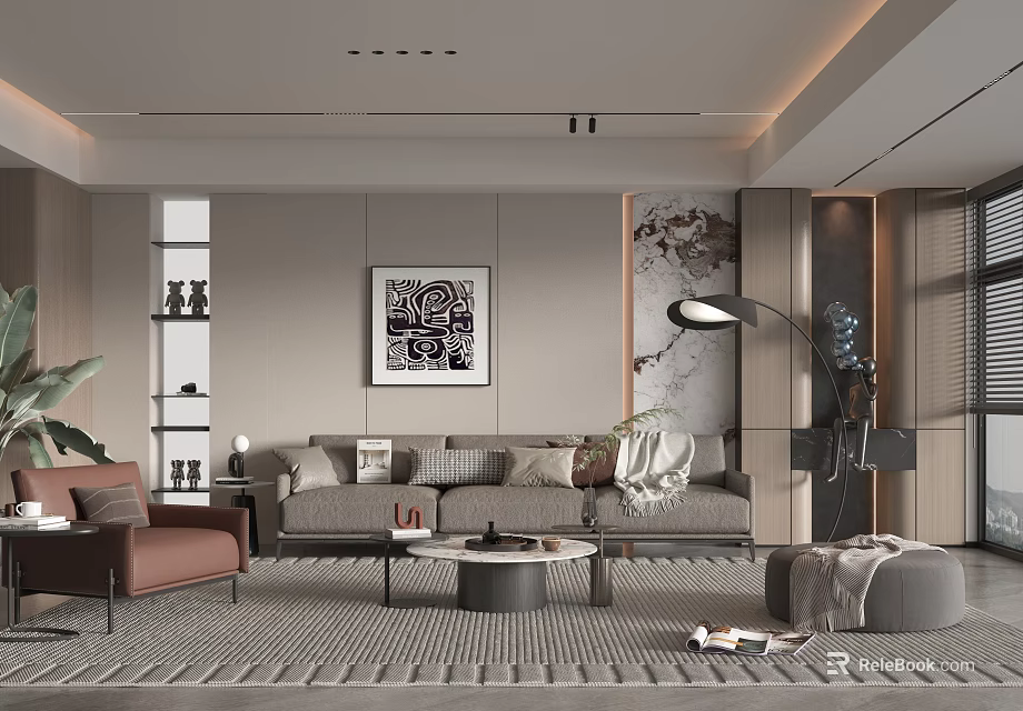 Modern Living Room Interior With Sofa Coffee Table Floor Lamp And Decorative Artwork 3d model 