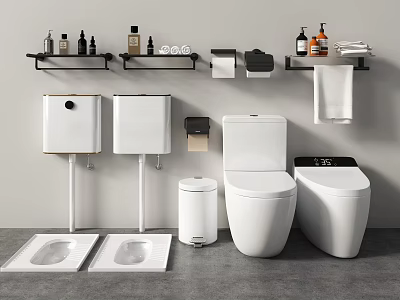 Bathroom Interior Toilet Display With Smart Toilet Bowl Shelves Toiletries Towel And Trash Can 3d model