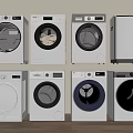 Various White Washing Machines On Wooden Floor With Light Wall Background