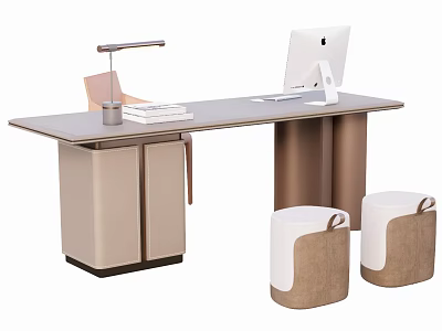 Modern Office Desk Workspace With Computer Lamp Chair And Storage Stools 3d model