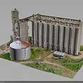 Tall Cylindrical Silos Storage Building With Round Red Roof Tank Green Grass Dirt Path