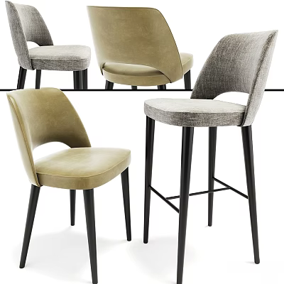 Modern Upholstered Chairs And Bar Stools With Gray Beige Fabric And Black Wooden Legs 3d model