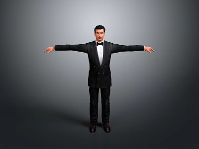 Stylish Men's Black Suit With Bow Tie Formal Attire In Gray Background 3d model