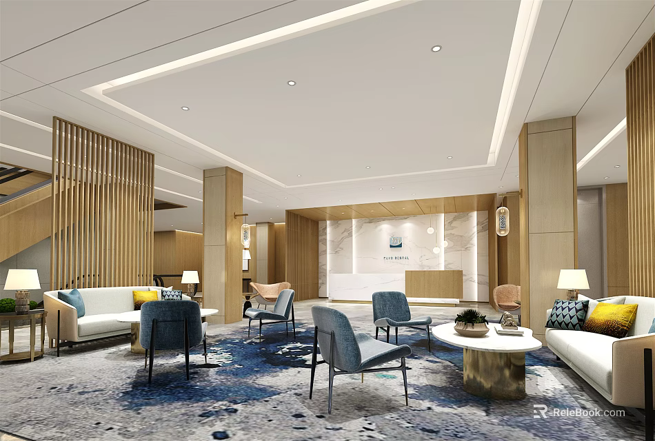 Modern Store Front Desk Reception Area With Marble Counter Wooden Decor And Soft Lighting 3d model 