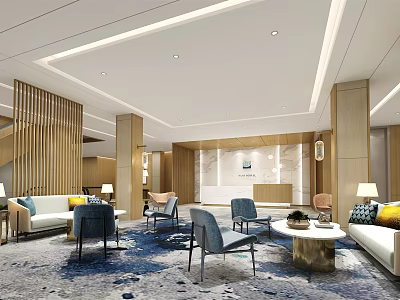 Modern Store Front Desk Reception Area With Marble Counter Wooden Decor And Soft Lighting 3d model