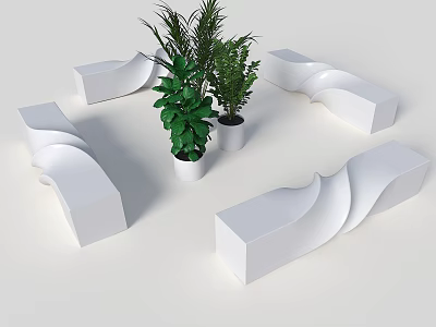 White Wavy Landscape Seats With Green Plants In Modern Outdoor Space 3d model