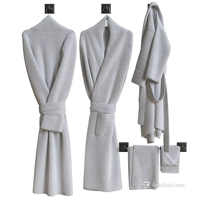 Cozy Soft Light Gray Bathrobes And Towels Hanging On Black Hooks 3d model 
