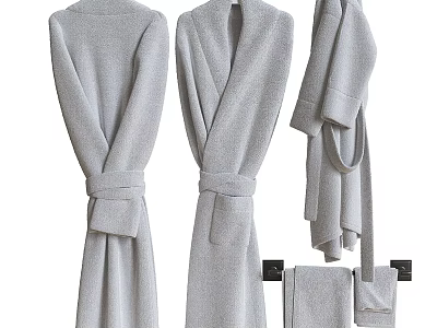Cozy Soft Light Gray Bathrobes And Towels Hanging On Black Hooks 3d model