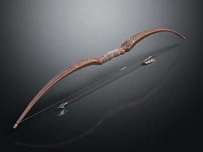 Traditional Wooden Bow with Intricate Carvings and Matching Arrow Handcrafted Ancient Weapon Design 3d model