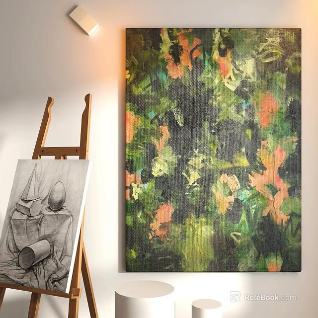 Abstract Painting In Modern Style With Vibrant Green Orange Black Textured Brushstrokes 3d model 