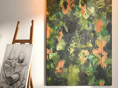 Abstract Painting In Modern Style With Vibrant Green Orange Black Textured Brushstrokes 3d model